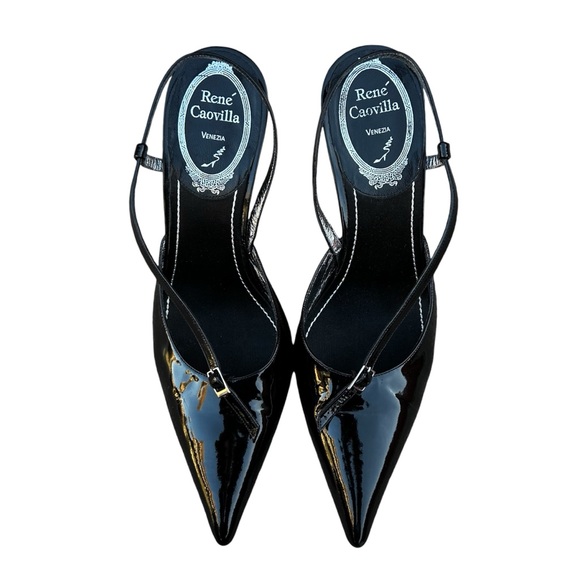 Rene Caovilla Shoes - $1200~RENE CAOVILLA~Black Patent Pointed Toe Slingback Pumps~Buckle Detail~7.5/8